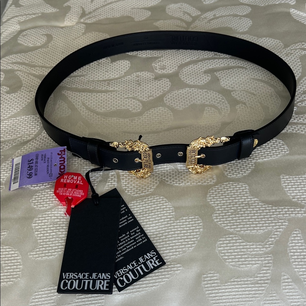Versace Jeans Collection Black Belt with Ornate Gold Buckles size 85